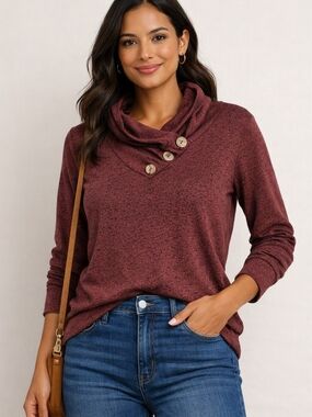 Eclipse Burgundy Button-Trim Cowl Neck Sweater
